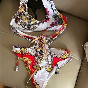 PrettyLittleThing Red and Gold One Piece Swimsuit